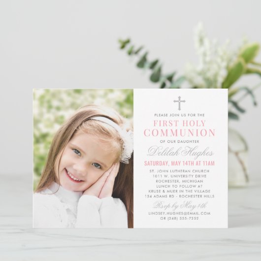 ピンクエレガントとグレーの最初の共産少女の写真 招待状 (スタンド正面)