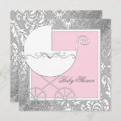 ピンクエレガントとグレーの赤ちゃんシャワー 招待状 (正面/裏面)