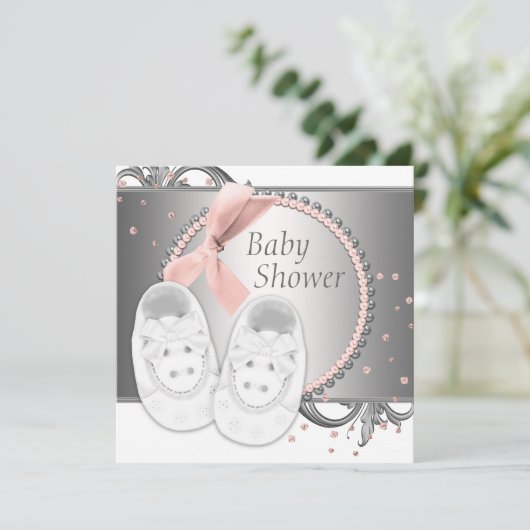 ピンクエレガントとグレーの赤ちゃんシャワー 招待状 (スタンド正面)