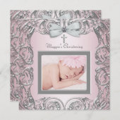 ピンクエレガントとグレーの《キリスト教》洗礼式や命名式招待状 招待状 (正面/裏面)