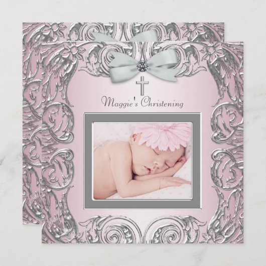 ピンクエレガントとグレーの《キリスト教》洗礼式や命名式招待状 招待状 (正面/裏面)