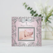 ピンクエレガントとグレーの《キリスト教》洗礼式や命名式招待状 招待状 (スタンド正面)