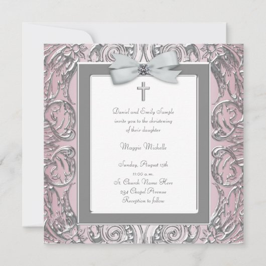 ピンクエレガントとグレーの《キリスト教》洗礼式や命名式招待状 招待状 (裏面)