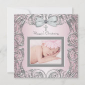 ピンクエレガントとグレーの《キリスト教》洗礼式や命名式招待状 招待状 (正面)