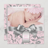 ピンクエレガントとグレーの《キリスト教》洗礼式や命名式 招待状 (正面/裏面)