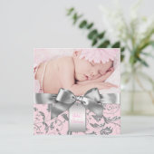 ピンクエレガントとグレーの《キリスト教》洗礼式や命名式 招待状 (スタンド正面)