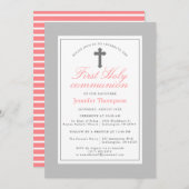 ピンクエレガントとグレーストライプの第1聖餐式 招待状 (正面/裏面)
