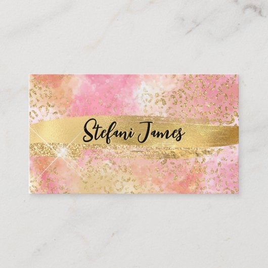 ピンクエレガントとゴールドフォイルヒョウのブラシストローク 名刺 (正面)