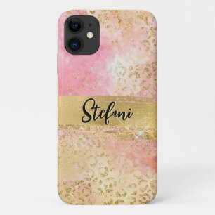 ピンクエレガントとゴールドフォイルヒョウのブラシストローク iPhone 11 ケース