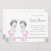 ピンクエレガントとシルバーの双子の女の子の赤ちゃんシャワー 招待状 (正面/裏面)
