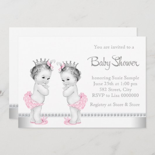 ピンクエレガントとシルバーの双子の女の子の赤ちゃんシャワー 招待状 (正面/裏面)