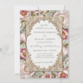 ピンクエレガントとセージの牡丹フローラ結婚金ゴールド 招待状 (正面)