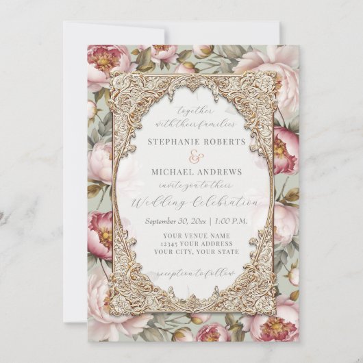 ピンクエレガントとセージの牡丹フローラ結婚金ゴールド 招待状 (正面)