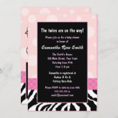 ピンクエレガントとゼブラガールの双子のベビーシャワー 招待状 (正面/裏面)