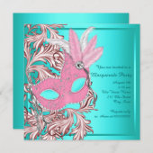 ピンクエレガントとティール(緑がかった色)ブルーマスカレードパーティー 招待状 (正面/裏面)