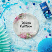 ピンクエレガントとティール（緑がかった色）春のフローラ結婚ズ ペーパープレート (パーティー)