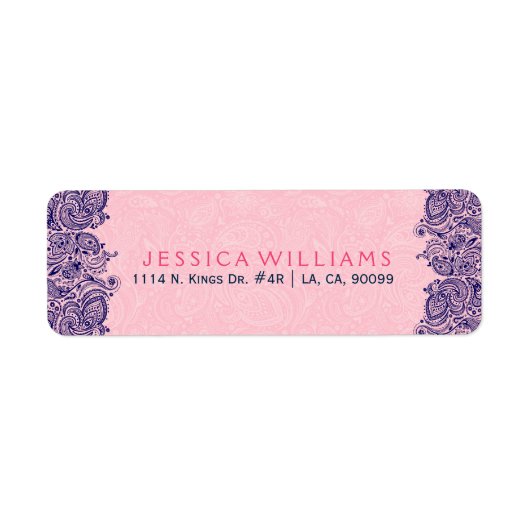 ピンクエレガントとネイビーブルーのフローラペイズリーレース ラベル (正面)