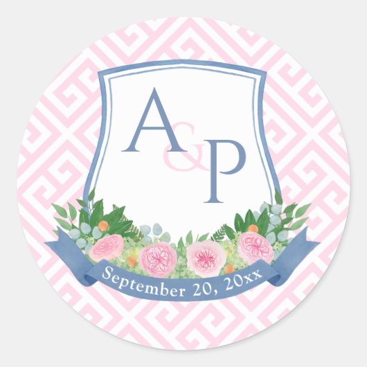ピンクエレガントとネイビー結婚モノグラムの紋章 ラウンドシール (正面)