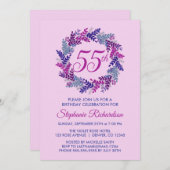 ピンクエレガントとパープルリース55誕生日 招待状 (正面/裏面)