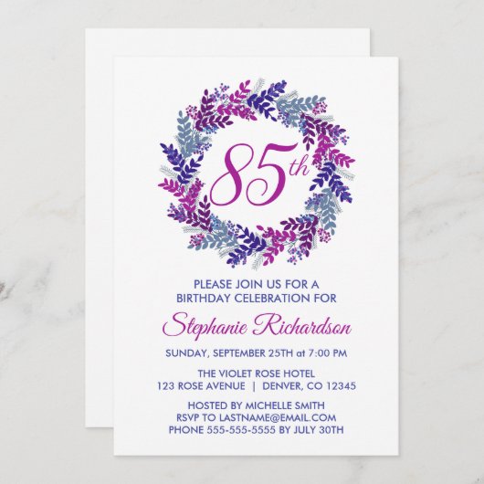 ピンクエレガントとパープルリース85誕生日 招待状 (正面/裏面)