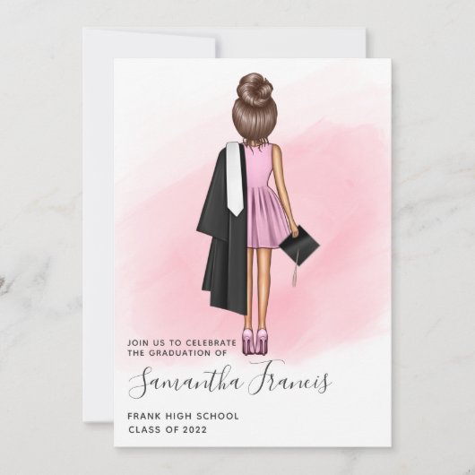 ピンクエレガントとブラウンの女の子の卒業パーティーの招待客 招待状 (正面)