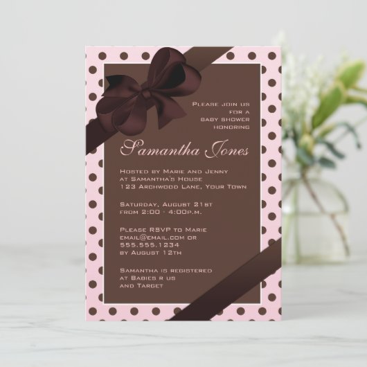ピンクエレガントとブラウンの水玉模様のベビーシャワー 招待状 (スタンド正面)