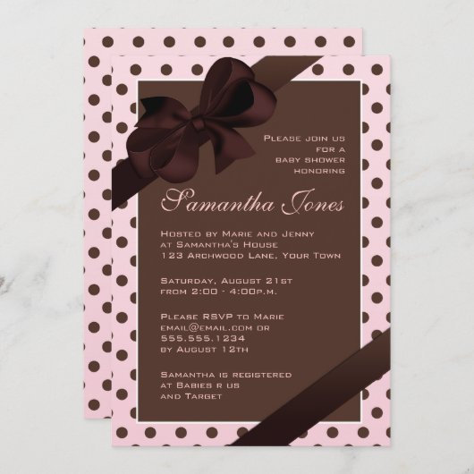 ピンクエレガントとブラウンの水玉模様のベビーシャワー 招待状 (正面/裏面)