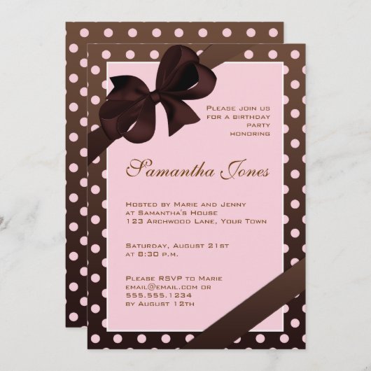ピンクエレガントとブラウンの水玉模様誕生パーティー 招待状 (正面/裏面)