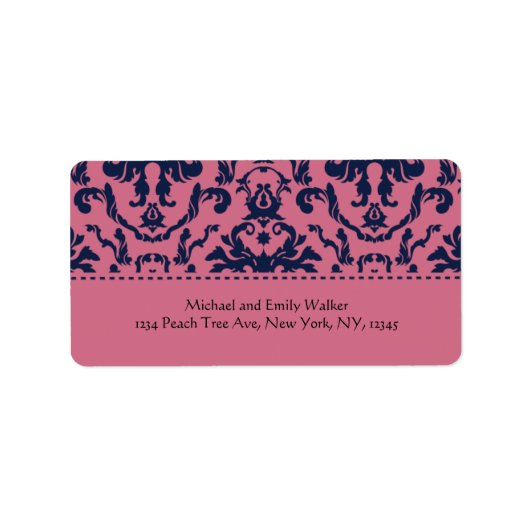 ピンクエレガントとブラックのダマスク住所 シール (正面)