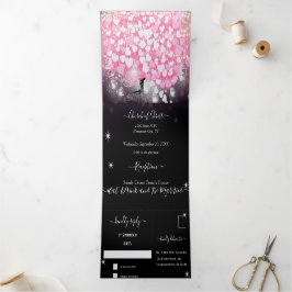 ピンクエレガントとブラックのハートリーフ結婚ズ 三つ折り招待状