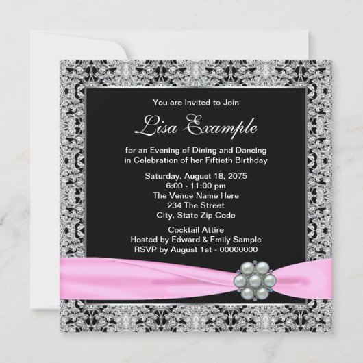ピンクエレガントとブラックの女性50th誕生日パーティー 招待状 (正面)