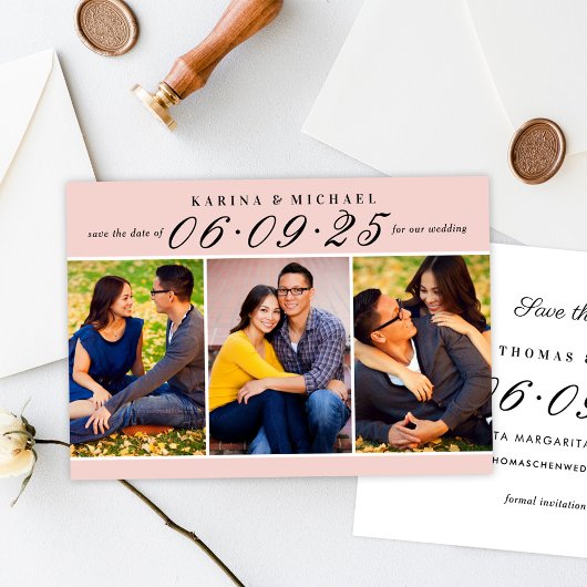 ピンクエレガントとブラックの結婚コラージュ セーブザデート