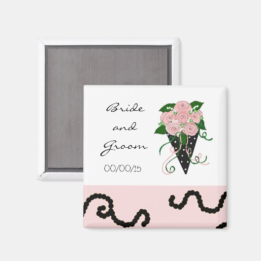 ピンクエレガントとブラック結婚の花束 マグネット (正面/裏面)