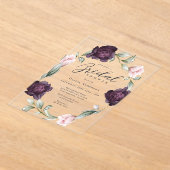 ピンクエレガントとブルゴーニュのフローラブライダルシャワー アクリル招待状 (レイダウン)