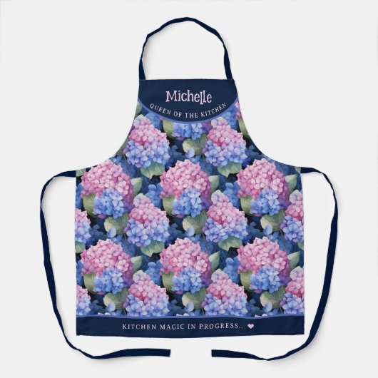 ピンクエレガントとブルーのあじさい模様 エプロン (正面)