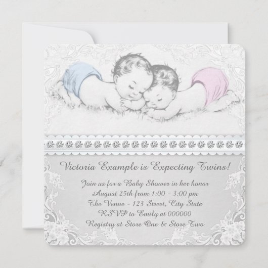 ピンクエレガントとブルーのツインベイビーシャワー 招待状 (正面)