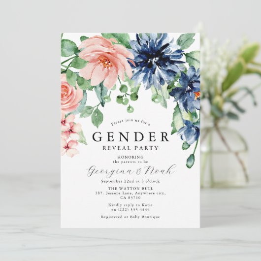 ピンクエレガントとブルーのフローラベビー性別パーティーの表示 招待状