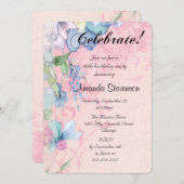 ピンクエレガントとブルーのフローラワイルドフラワー誕生日 招待状 (正面/裏面)