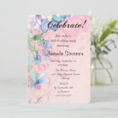 ピンクエレガントとブルーのフローラワイルドフラワー誕生日 招待状 (スタンド正面)