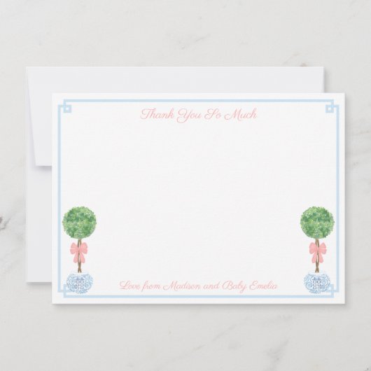ピンクエレガントとブルーのボクウッドの赤ちゃんシャワー写真 サンキューカード (正面)