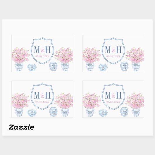 ピンクエレガントとブルーのモノグラ結婚ムのロゴのお願い 長方形シール (シート)