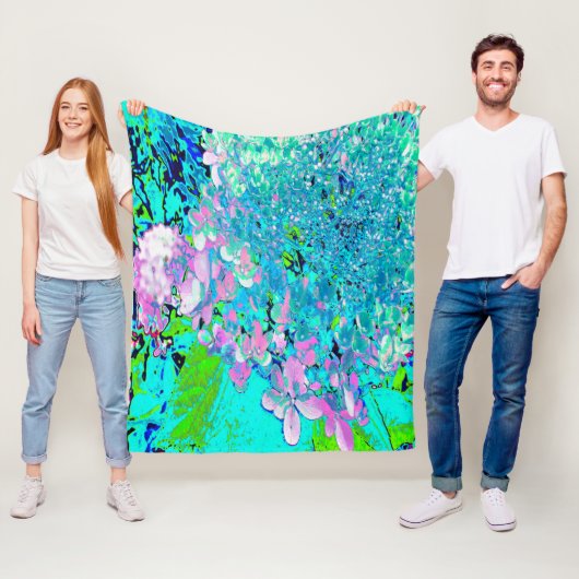 ピンクエレガントとブルーのライムライトアジサイ フリースブランケット (インサイチュ)