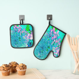 ピンクエレガントとブルーのライムライトアジサイ 鍋つかみ&鍋敷きセット