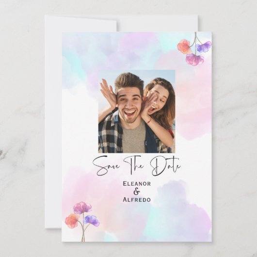 ピンクエレガントとブルーの水カラー結婚式招待状 招待状 (正面)