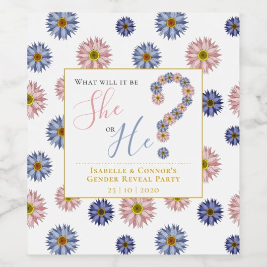 ピンクエレガントとブルーの花と性別がパーティーを明かす ワインラベル (シングルラベル)