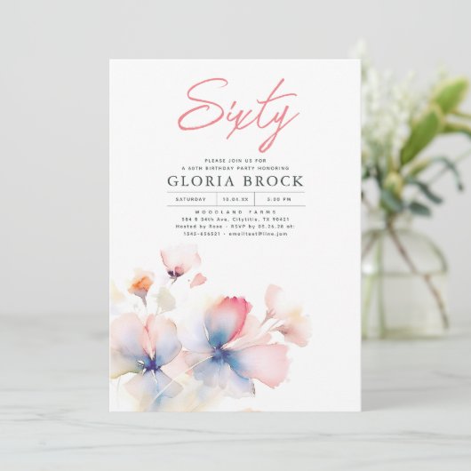 ピンクエレガントとブルーの花ミニマル誕生日 招待状 (スタンド正面)