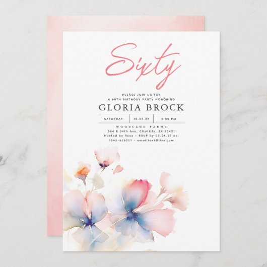 ピンクエレガントとブルーの花ミニマル誕生日 招待状 (正面/裏面)