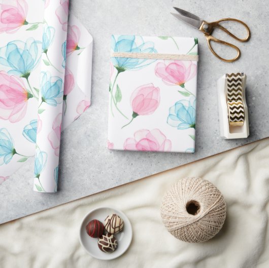 ピンクエレガントとブルーの花柄 ラッピングペーパー (クラフト)