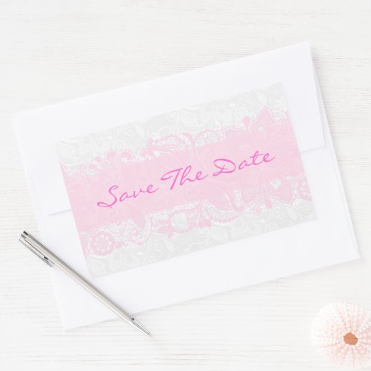 ピンクエレガントとホワイトのヴィンテージフローラレース 長方形シール (封筒)