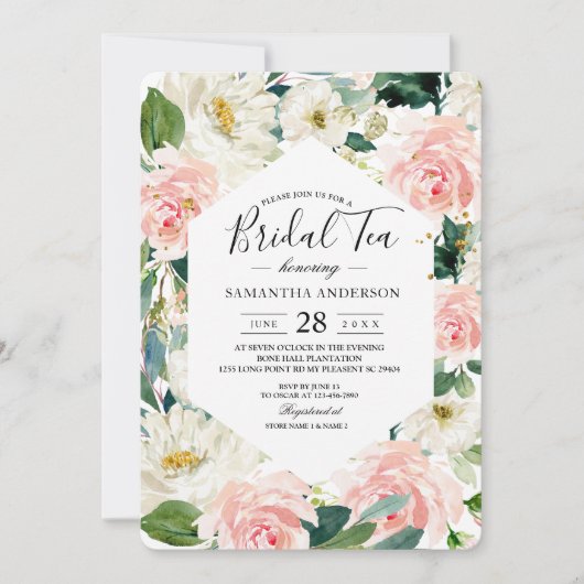 ピンクエレガントとホワイトウォーターのカラーフローラフレーム 招待状 (正面)